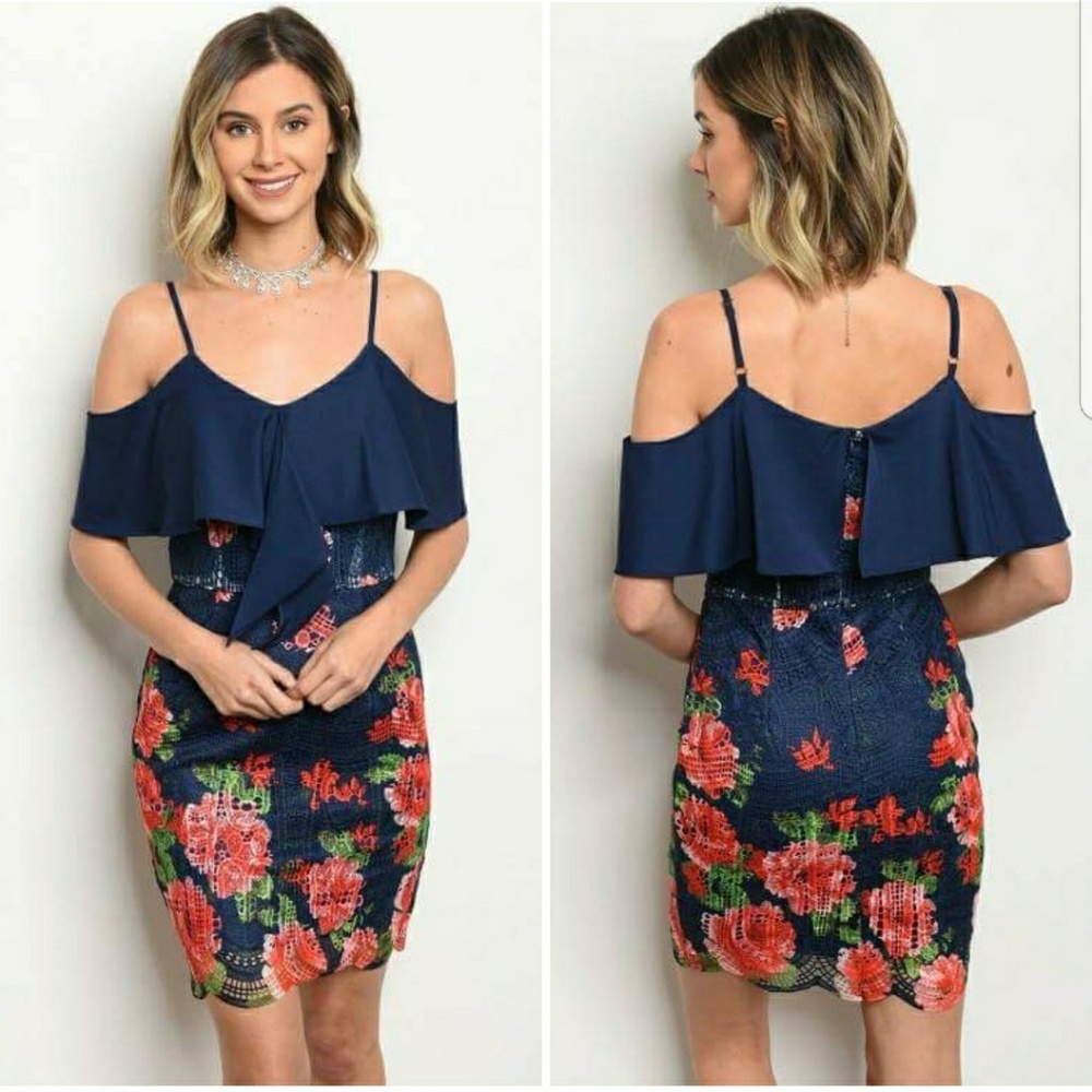 Navy Lace Floral Print Off the Shoulder Dress